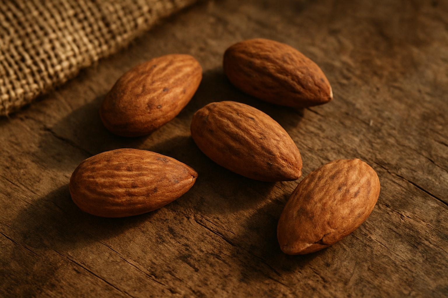 Image de quelques amandes décortiquées éparses avec un aspect très naturel et imparfait sur une surface rustique